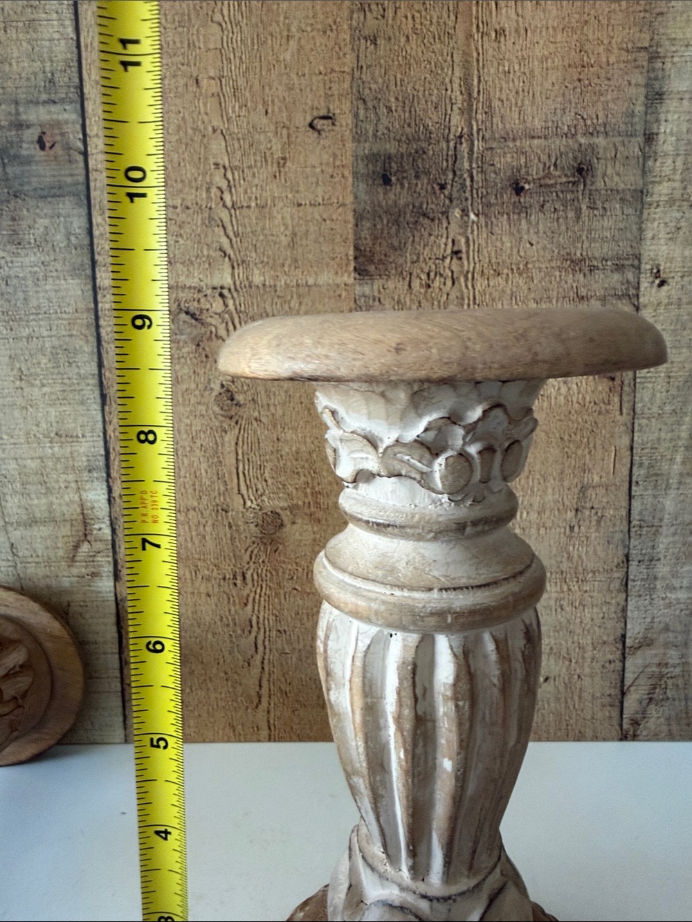Decorative Carved Wood Candlestick Pair - Natural Cream/Tan Finish - Picture 6 of 10